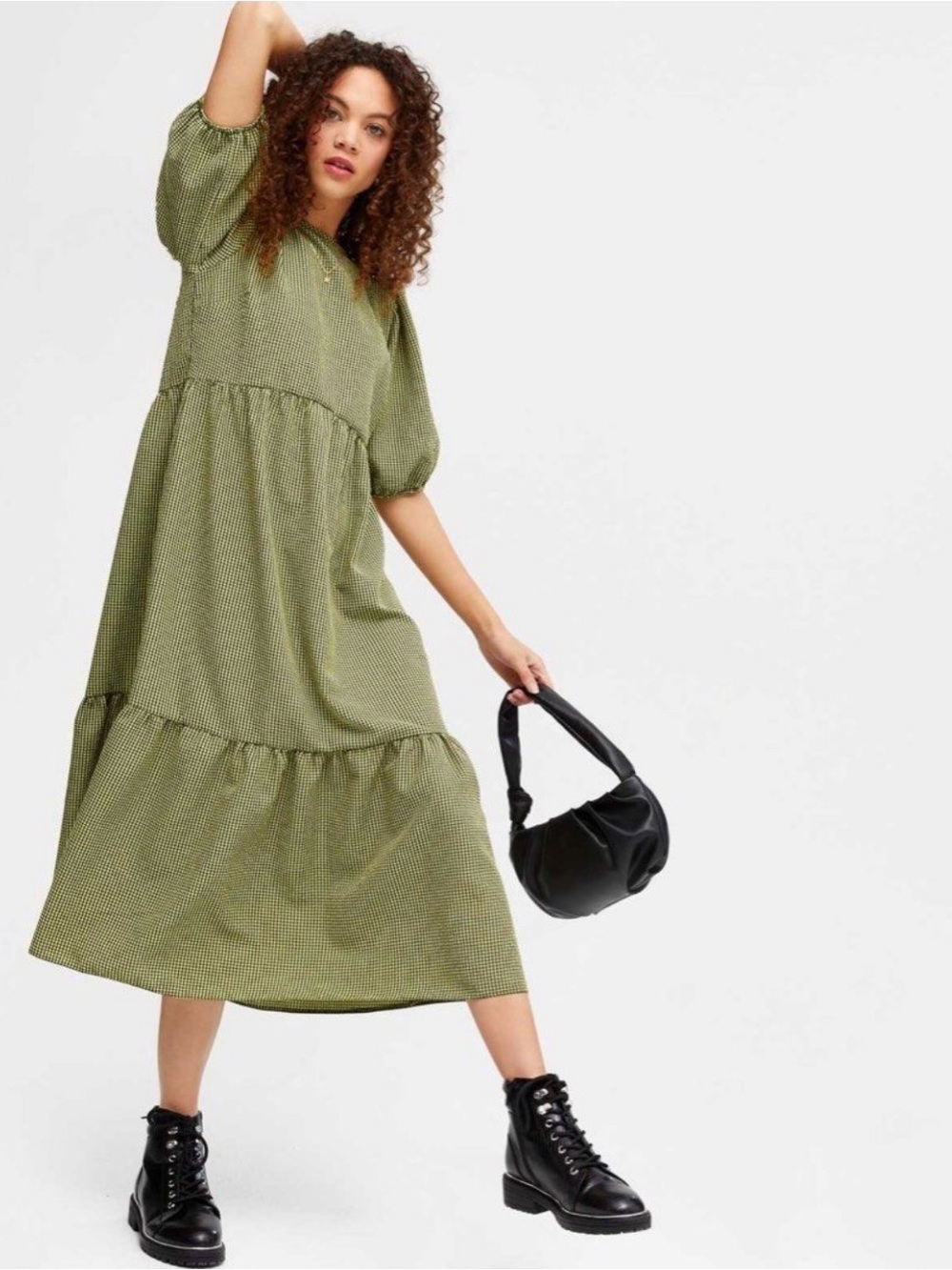 New Look Green Tiered Midi Dress - Puff Sleeve